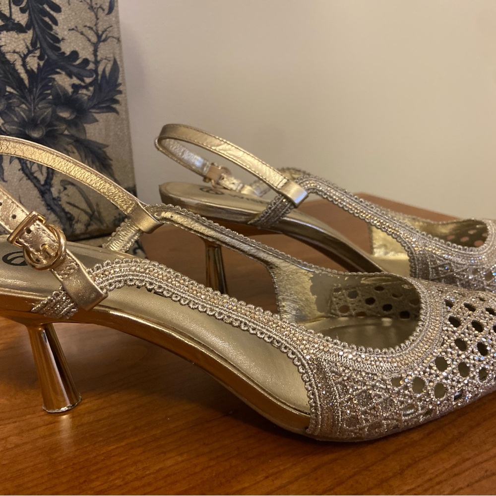 Wishbone , wedding Gold Slingback Heels with Lattice Design